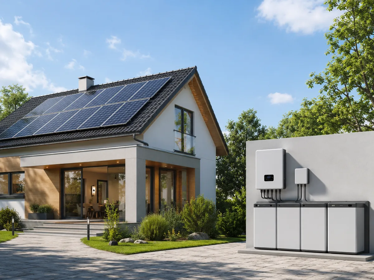 Foto de sistema híbrido com painéis solares e baterias