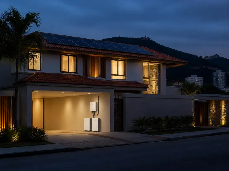 Imagem ilustrativa: casa à noite com luzes acesas e bateria na garagem