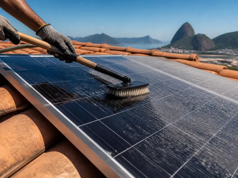 Imagem ilustrativa: limpeza de placa solar com escova em telhado de barro
