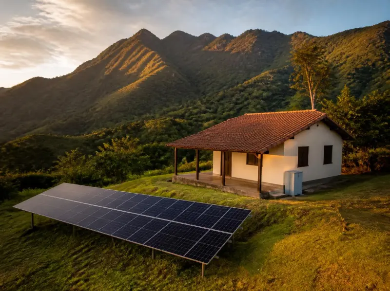 Imagem ilustrativa: casa no sítio, na serra, com placas solares no chão