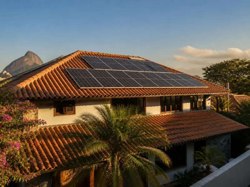 Imagem ilustrativa: casa com placas solares no telhado no Rio de Janeiro
